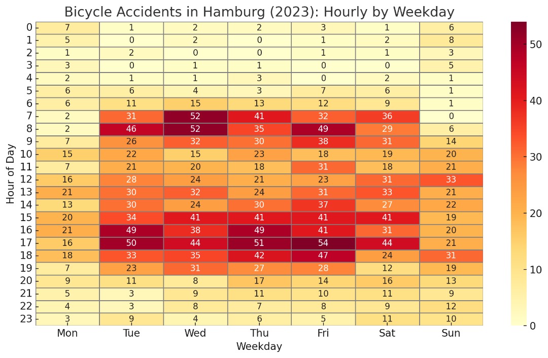 Bicycle accident frequency heatmap by hour and day